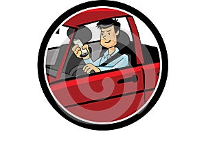 Color cartoon of a man driving and texting