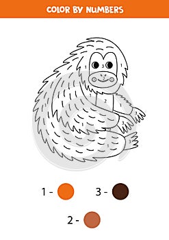 Color cartoon orangutan by numbers. Worksheet for kids.