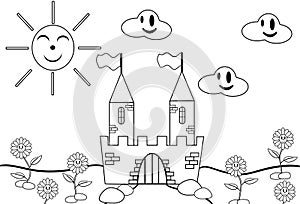 Color the castle, image for children to color, black and white, cartoon.