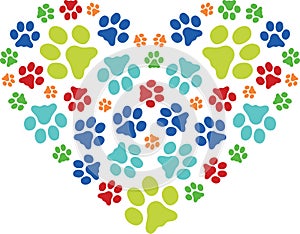 Color cat or dog footprints folded into a heart shape