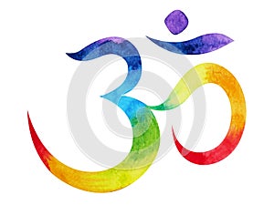 7 color of chakra om, aum symbol concept, watercolor painting photo
