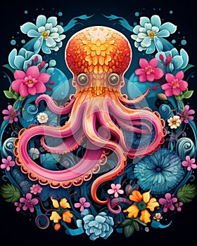 Color-changing cartoon octopus on black background with flowers ,cute sea creature illustration