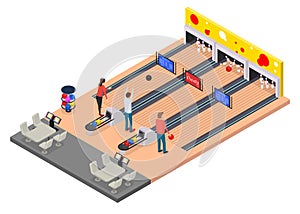 Color Characters People and Bowling Alley Concept 3d Isometric View. Vector