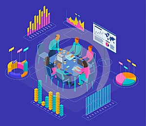 Color Characters People and Interacting Charts Analyzing Concept. Vector