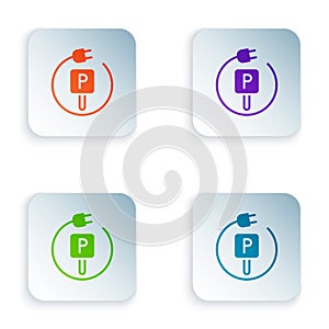 Color Charging parking electric car icon isolated on white background. Set colorful icons in square buttons. Vector