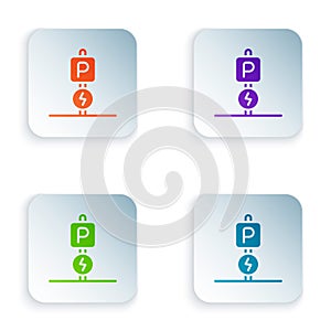 Color Charging parking electric car icon isolated on white background. Set colorful icons in square buttons. Vector