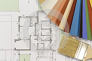 Color chart and brush with residential building project