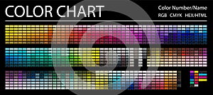 Color Chart. Print Test Page. Color Numbers or Names. RGB, CMYK, HEX HTML codes. Vector color palette photo