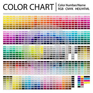 Color Chart. Print Test Page. Color Numbers or Names. RGB, CMYK, Pantone, HEX HTML codes. Vector color palette