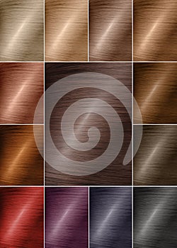 Color chart for tints. Hair color palette with a wide range of swatches. Dyed hair color samples arranged on a card in neat rows.