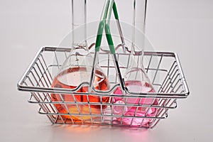 Color Chemical Flasks in Shopping Metal Basket