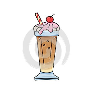 Color chocolate cocktail icon. Glass milkshake with whipped cream, syrup and cherry. Hand drawn cartoon illustration. Isolated