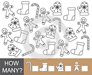 Color Christmas object and count how many. Mathematical game for