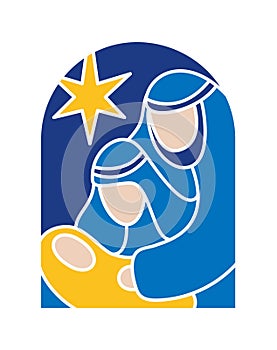 Color Christmas Vector Christian icon baby Jesus with Mary and Joseph with star. Religious Nativity Scene of Logo