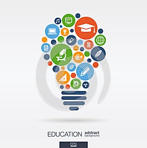 Color circles, flat icons in a bulb shape: education, school, science, knowledge, elearning concepts. Abstract background