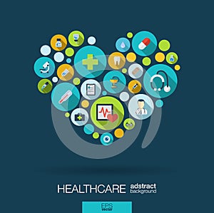 Color circles with flat icons in a heart shape for medicine, medical, health, cross, healthcare concepts.