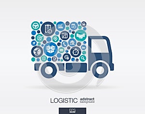 Color circles, flat icons in a truck shape: distribution, delivery, service, shipping, logistic, transport, market concepts.