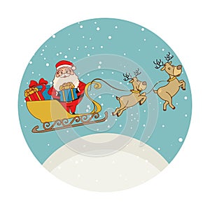 Color circular shape with santa claus in sleigh with reindeers and presents