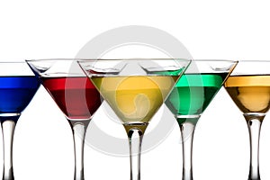 Color cocktails in martini glasses