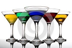 Color cocktails in martini glasses