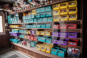 color-coded toolboxes on shelves