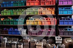 color-coded toolboxes on shelves
