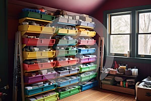 color-coded toolboxes on shelves