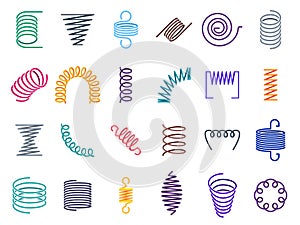 Color coil spirals. Metal coils, flexible wire springs and spiral spring vector icons set