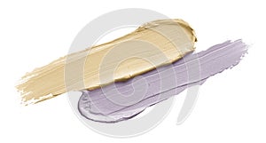 Color corrector strokes isolated on white background. Yellow and lilac color correcting cream concealer smudge smear