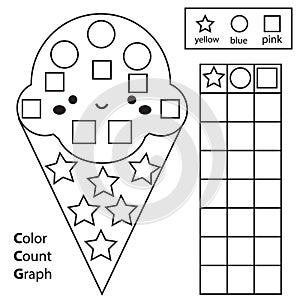 Color, count and graph. Educational children game. Color ice cream and counting shapes. Printable worksheet for kids and toddlers