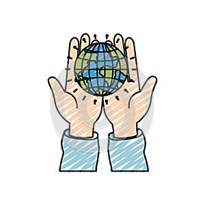 Color crayon silhouette front view of hands holding in palms a earth globe world charity symbol