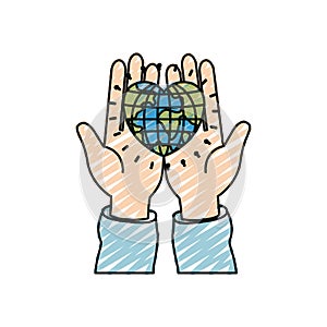 Color crayon silhouette front view of hands holding in palms a earth globe world in heart shape