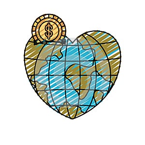 Color crayon silhouette silhouette money box in globe earth world in heart shape with coin with dollar symbol