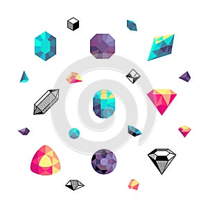 Color crystals, diamond shapes, polygon stones vector set