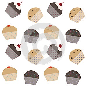 Color cup cake pattern in cute flat. Vector cupcake background