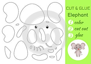 Color, cut and glue paper little elephant. Cut and paste crafts activity page. Educational game for preschool children. DIY