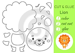 Color, cut and glue paper little lion. Cut and paste crafts activity page. Educational game for preschool children. DIY
