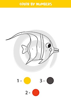 Color cute Moorish idol fish by numbers. Worksheet for kids