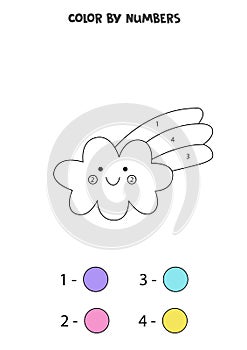 Color cute rainbow cloud by numbers. Worksheet for kids.