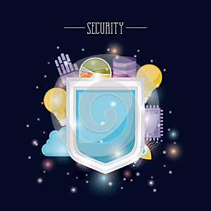 Color dark blue background with brightness of colorful elements security tech