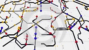 Color digital map of urban routes. Animation. Beautiful modern city map with colored roads and points on white