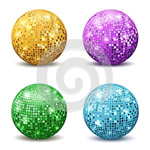 Color disco balls. Realistic reflection ball mirrored disco party silver glitter equipment retro rays mirrorball set