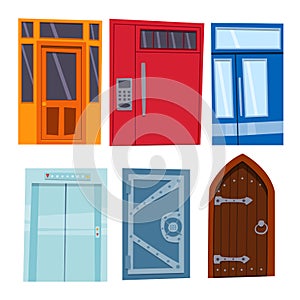 Color door front to house and building flat design style isolated vector illustration modern new decoration open elegant