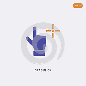 2 color Drag flick concept vector icon. isolated two color Drag flick vector sign symbol designed with blue and orange colors can
