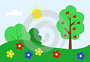 Color drawing for children. Nature. Apple tree, sun, bushes. Vector