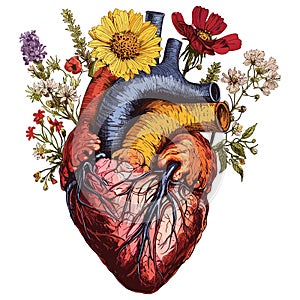 Color drawing of heart with flowers, engraving, romanticism, anatomical heart, nature tattoo