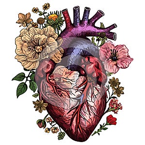 Color drawing of heart with flowers, engraving, romanticism, anatomical heart, nature tattoo