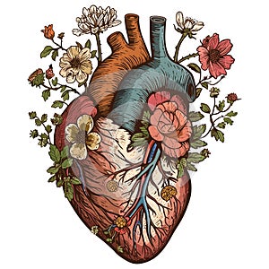 Color drawing of heart with flowers, engraving, romanticism, anatomical heart, nature tattoo