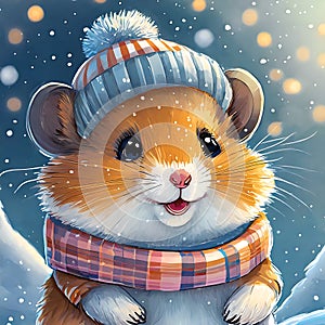 Color drawing portrait of a cute happy hamster in a knitted hat and scarf. AI generated.