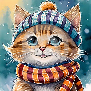 Color drawing portrait of a cute kitty dressed in a knitted hat and scarf. AI generated. photo